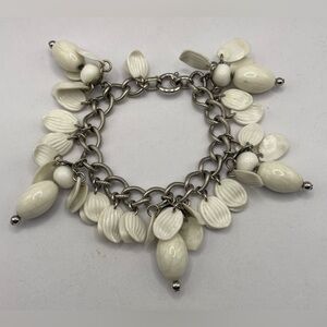 Vintage Napier Signed Silver Tone White Celluloid Dangle Bracelet 50s/60s